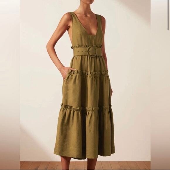 Shona Joy Rubi Tiered Midi Dress US 8 Olive Green Linen Blend Neutral Boho Shona Joy Rubi Tiered Midi Dress US 8 Olive Green Linen Blend Neutral Boho